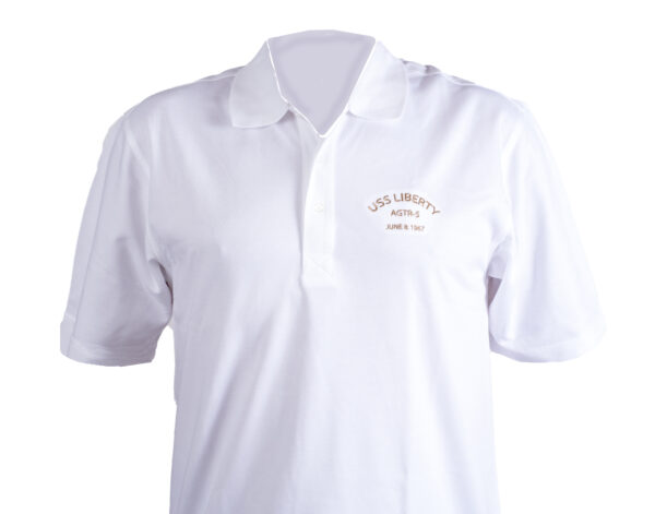 USS Liberty Golf Shirt (white w/tan embroidery)